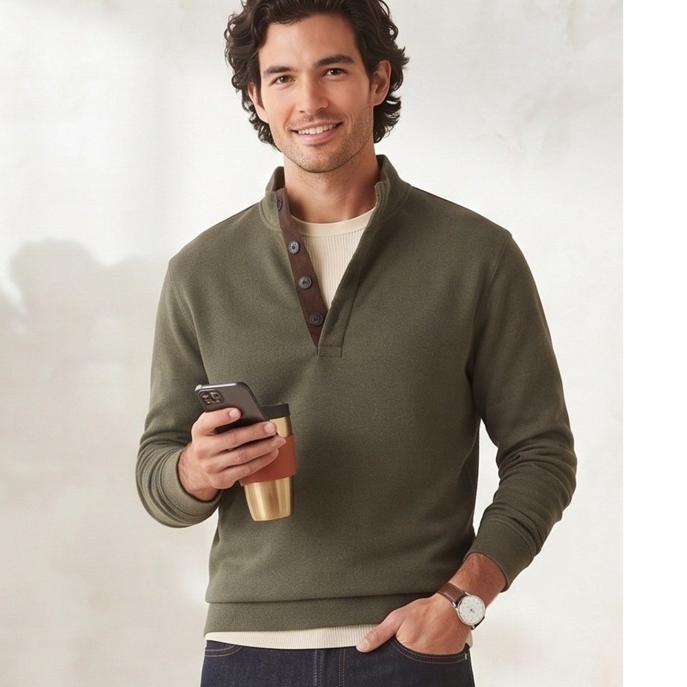 Cremieux Mock Neck Button Pullover Mens‎ Large Olive Green Excellent Faux Suede